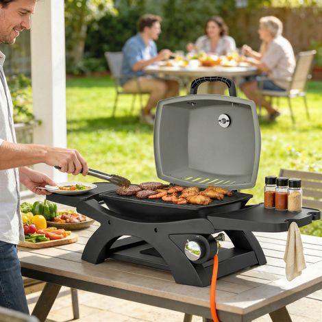 Barbecue à gaz 3 3 kW 1 brûleur tables latérales pliantes grilles en fonte bac goutte amovible