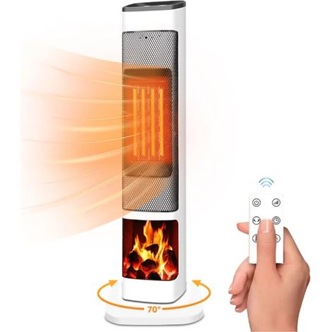 Chauffage d'appoint, 2000W, Céramique PTC, Oscillation à 70°, Minuterie 9h, Ultra Silencieux, Affichage LED, Mode Eco, Télécommande, avec Effet Flammes 3D Réaliste pour Chambres Bureaux [Économie d'én (1/5)