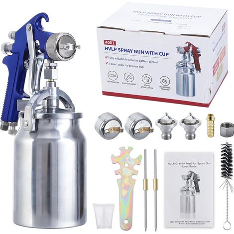 Pistolet à Peinture: Pistolet pulvérisateur à Siphon Feed Haute Pression par Gravité HVLP avec Volume 1000 cm³ et 3 Taille Buses (Bleu) (1/5)