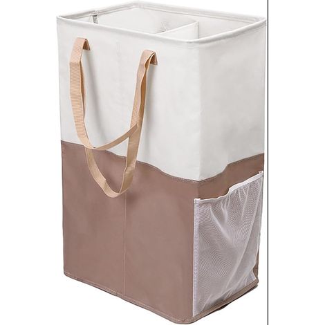 Panier à Linge Pliable 2 Compartiments - Panier Rangement Rectangulaire 2 Poignées Chambre Salle de Bain Dortoir (Khaki) (1/5)