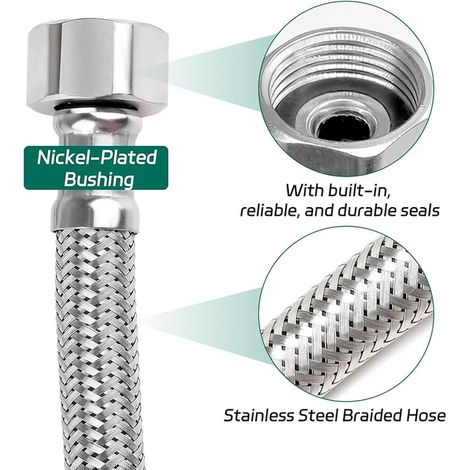 Flexible Kitchen Tap Connectors, 10cm/20cm Flexible Hose 3/8 Inch, 304 Braided Stainless Steel Armoured Hose for Kitchen Bathroom (1/2)
