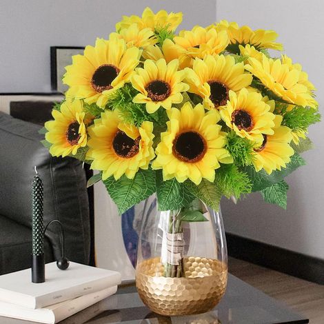 Bouquet De Tournesols Artificiels - 2 Pièces - Tige En Plastique - Fleur En Soie - 12 Pouces - Diamètre 10 Cm Et 7 Cm - Décoration Intérieure Et Événementiel (1/5)