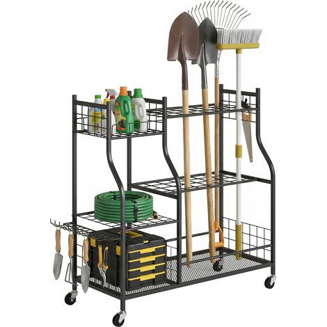 3-stöckiger Gartengeräte-Organizer aus Stahl, 32 Fächer, 4 Rollen, 11 Haken, 104 x 40 x 95 cm, Schwarz