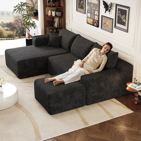Canapé d'angle en L 241 cm avec 1 repose-pieds,canapé 4 places en velours côtelé, canapé convertible modulable,méridienne à gauche,Noir