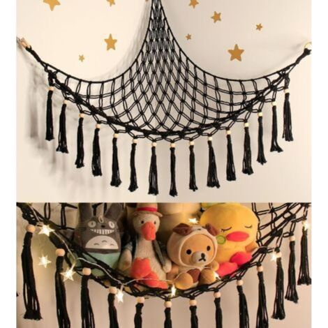 Filet ou hamac pour animaux en peluche - Rangement pour hamac suspendu pour animaux en peluche - Support de hamac pour jouets Organisateur de hamac d'angle mural avec crochets, noir (1/5)