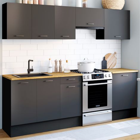 Cocina completa SUBTIL 240 cm con encimera negra de 7 elementos y estantes de madera (1/5)