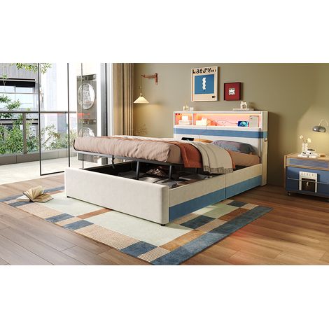 Letto contenitore 140x200 cm in velluto bianco/blu LED USB senza materasso - MEUBLIV (1/5)
