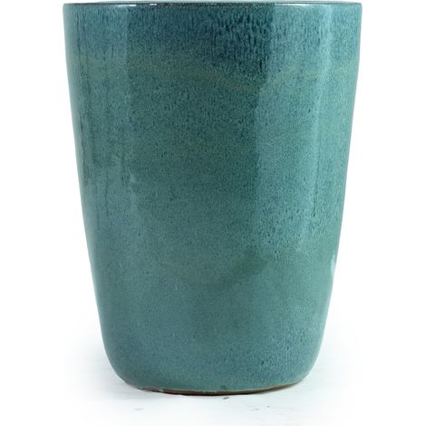 Vaso grande in ceramica Ø38,5 x 49,5 cm blu turchese sfumato con fori di drenaggio