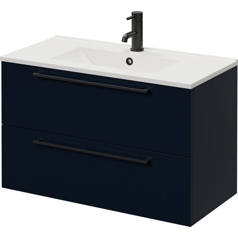 Napoli 390 Deep Blue 800mm Wall Mounted 2 Drawer Vanity Unit with Angel Basin - 800mm - Matt Black 480mm Handle