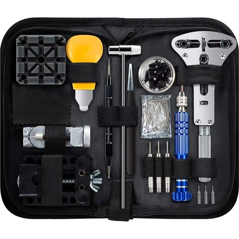 Kit de réparation de montres, ensemble professionnel comprenant des outils pour goupilles à ressort, un ensemble d'outils pour maillons de bracelet et un étui de transport.