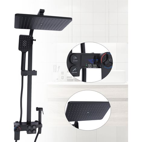 Ensemble de douche thermostatique avec écran LED noir, Ensemble de douche 4-en-1, Système de douche à hauteur réglable,Pomme de douche de 29 × 19 cm avec douchette à main (1/5)