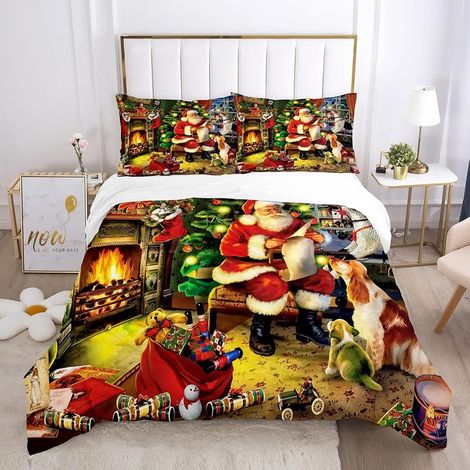 Housse de Couette Noël, 3D Christmas Ensemble de draps de lit avec 2 taies d'oreiller, Père Noël, Arbre de Noël, Cerfs, Cadeau de Noël pour Les Enfants Adolescents, 140x200cm (1/5)