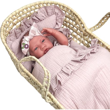 Linge de lit rose à volants pour poupée, en mousseline de coton (1/5)