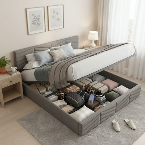 Doppelbett 140x200 cm aus grauem Samt mit Stauraum, ohne Matratze – MEUBLIV (1/5)