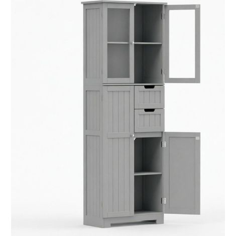 Mobile bagno alto grigio con 4 ante, 2 ante in vetro e 2 cassetti, ripiani regolabili (1/4)