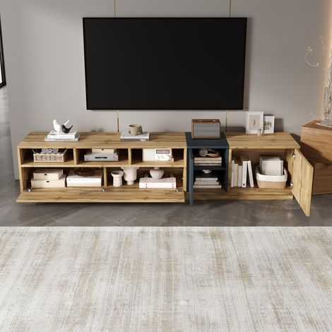 Meuble tv design - gris-noir plateau bois portes découpes irrégulières 3 compartiments - panneaux particules - gris et noir (1/5)