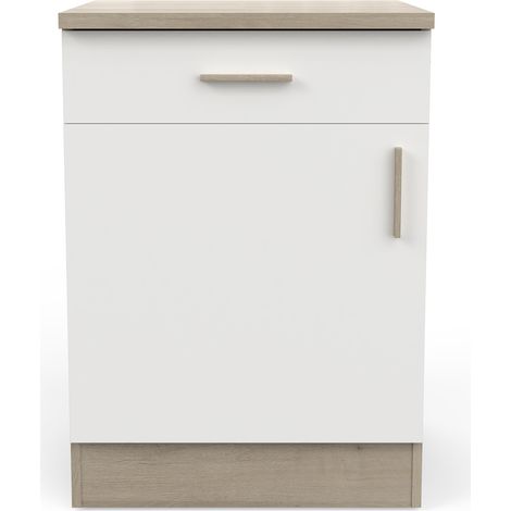 Meuble bas de cuisine 1 porte + 1 tiroir coloris chêne kronberg, blanc - Longueur 60 x Hauteur 85 x Profondeur 60 cm -PEGANE- (1/4)