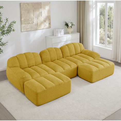 Divano modulare a U 3 posti con 2 pouf, schiuma 32D, seduta profonda, tessuto giallo (1/5)