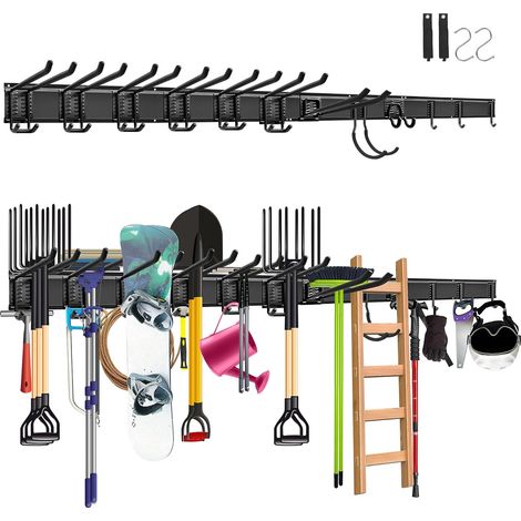 Support mural pour garage et jardin – 4 rails, 12 crochets polyvalents, longueur totale 162 cm, robuste et idéal pour les outils de jardin (1/5)