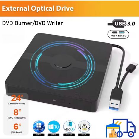 FLITI Portable USB 3.0 External DVD Drive, CD/DVD Burner for Laptop PC, Plug and Play (1/5)