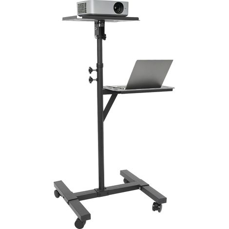 Support mobile projecteur et ordinateur portable, Réglable en hauteur de 95 à 150 cm, 2 étagères, Inclinable ± 12 °, Chariot à roulettes verrouillables, Table, Noir (1/5)
