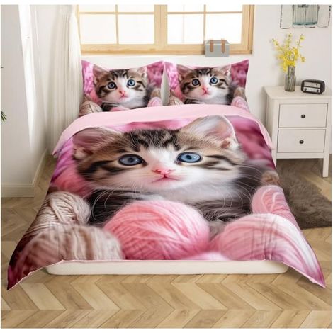 Chat Mignon Ensemble de literie Fille Chat Rose Parure de Lit Enfants Animaux thème Réversible Housse de Couette 140x200cm - HTZ (1/4)