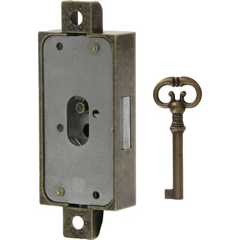 Serrure monopoint en applique zamac laitonnée avec clé bronze – Sens gauche – Axe 15mm – Fixation entraxe 64mm – Hauteur 55mm – Lehmann (1/2)