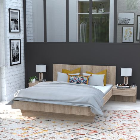 Le Quai Des Affaires – Lit COOL 140x190 cm – Ensemble avec 2 chevets suspendus – Décor chêne blanchi – Structure en panneau de particules – Dimensions 192x234x75 cm (1/7)