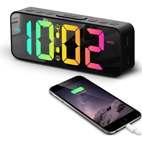 Réveil Matin Numérique Miroir, LED, 6.5“ Réveil Digitale Horloge Numérique avec Port de USB, Horloge Multicolore avec Veilleuse RGB Dynamique, Ado Lumineux avec Double Alarme (1/5)