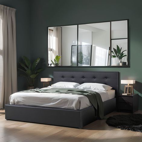 Lit coffre 140x190 en PU noir avec tête de lit + sommier à lattes