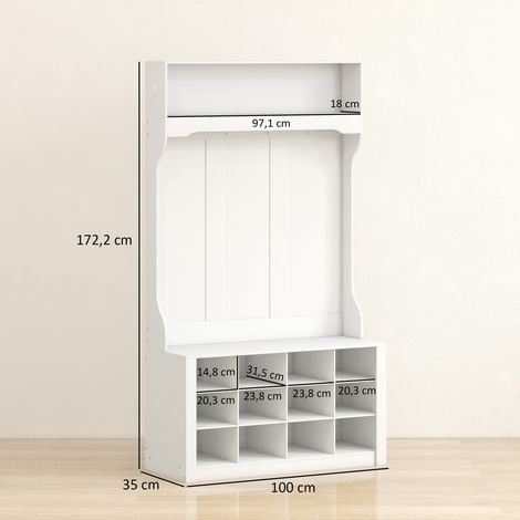Armoire avec étagère, banc, crochets, compartiments à chaussures, panneaux de particules, MDF, blanc (1/5)