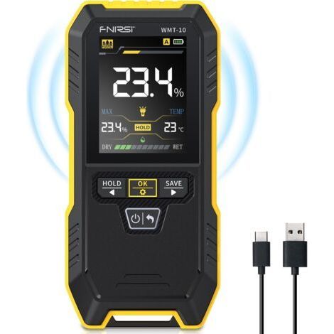 WMT-10 Rechargable Wood Moisture Meter, Pinless Moisture Meter for Wood, Wall, Firewood, Support Data Hold and Record, Flashlight, Humidity Detector for Lumber Concrete Building (1/4)