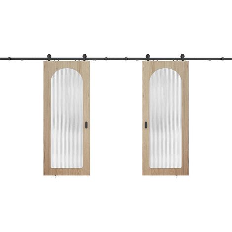 Porte coulissante double avec système en applique en bois et MDF - arche naturel clair et verre trempé cannelé - 2 x H205 x L73 cm - ODEZA (1/3)