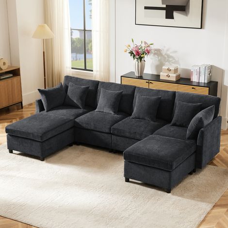 Canapé modulable en chenille grise 278x161x81 cm, avec 2 ottomans et 6 coussins, configuration U ou L (1/5)