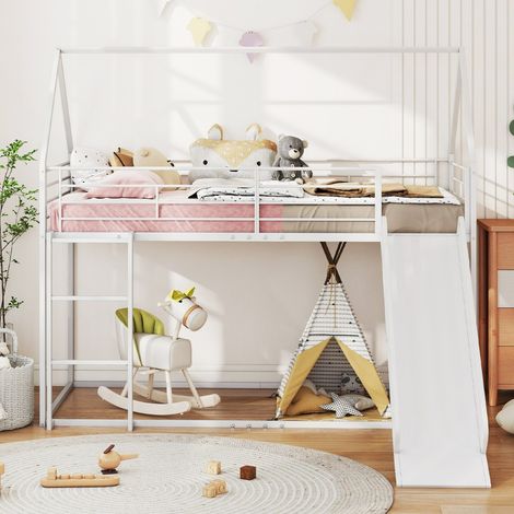 Lit Superposé Maison avec Toboggan Cadre Bas avec Barrière de Sécurité et Échelle Lit Mezzanine Robuste 200 x 90 cm Blanc (1/3)