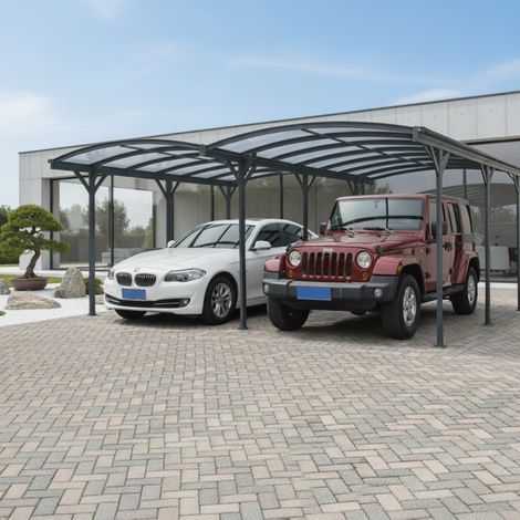 Carport double aluminium 30,3 m² – Couverture polycarbonate 6mm – Couleur anthracite – 9 poteaux de soutien pour stabilité accrue – X-Metal