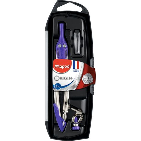 Maped - Coffret Origin 3 Pièces - Fabrication Française - Compas Scolaire + Bague Universelle + Étui-Mines - Avec Sécurité Protège Pointe et Mine + Branches en Acier - Coloris Aléatoire (1/4)