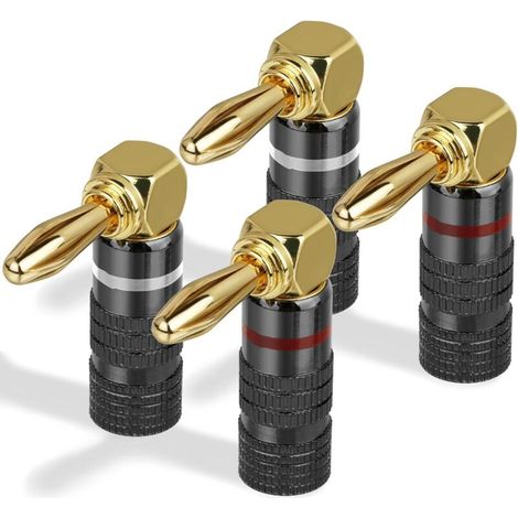 4 fiches banane 90° 4 mm plaquées or, connecteurs pour amplificateur, enceintes, audio stéréo (1/5)