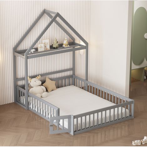Cama infantil de madera maciza gris 140x200 cm con somier, techo independiente, almacenaje y puerta (1/5)