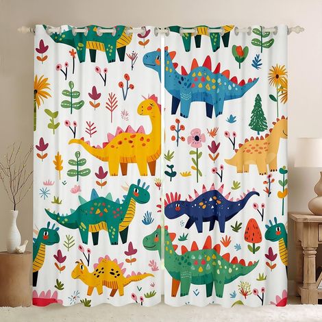 Joli rideau de fenêtre dinosaure, rideaux d'animaux sauvages de dessin animé pour filles et garçons, aquarelle florale, belle nature fenêtre traitement rideaux pour le bureau et la maison - 260x140cm (1/5)