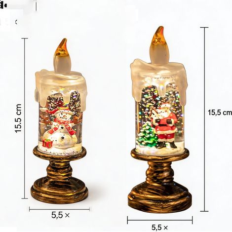 Bougies de Noël LED à flamme simulée et effet neige pailletée, lot de 2 modèles bonhomme de neige et Père Noël en PVC, décoration étincelante d’intérieur festif (1/5)