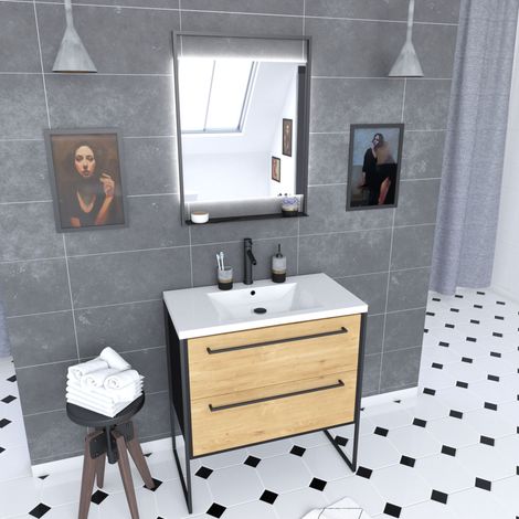 Mueble de Baño 80, Lavabo Blanco Resina, Espejo LED - Acabado Roble Negro - STRUCTURA