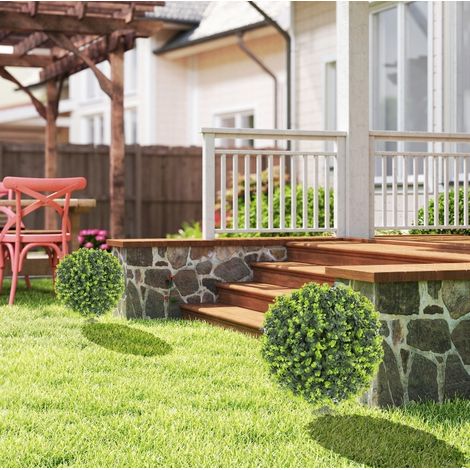 Lot de 2 plantes artificielles buis en boule, aspect réaliste, avec tige de sol, pour intérieur et extérieur, résistantes aux UV, vertes, sans entretien - CHICFURN (1/5)