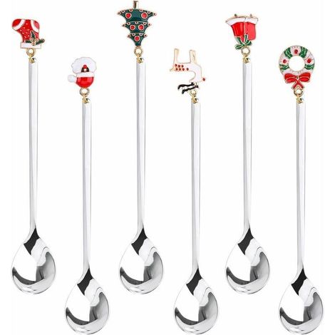 Cuillères à Café de Noël,6 Cuillères de Noël Cuillères à thé à Dessert en Acier de Noël en Argent Avec Pendentifs de Noël Cloches de Chapeau D'élan D'arbre de Noël,Emballage de Boîte-Cadeau (Silver) (1/5)