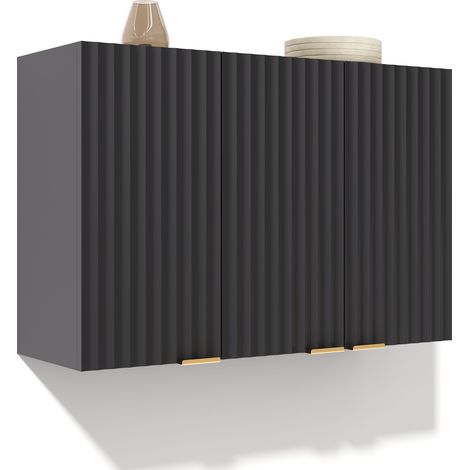 Küchen Wandschrank mit 3 Strukturierten Türen und Goldfarbenen Griffen, aus MDF, 90 x 29 x 60 cm, Schwarz (1/5)