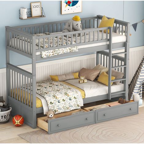 Bett Etagenbett Stauraum 90x200 Kiefer grau OKMYHOME (1/5)