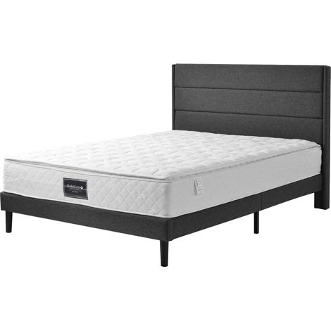 Cama con canapé 140x200 cm capitoné elevable con hidráulico en lino beige HOMVRA (1/5)