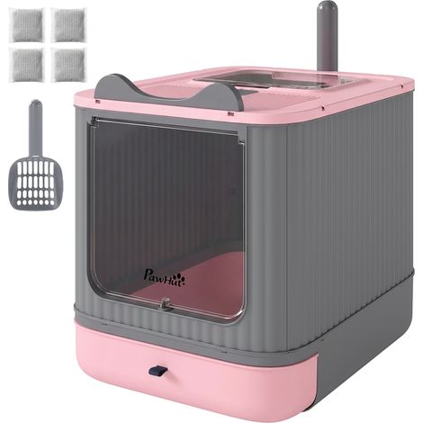 Bac à litière pour chat M avec couvercle à charnière, sortie par le haut, pelle, sacs désodorisants, facile à nettoyer, rose (1/5)