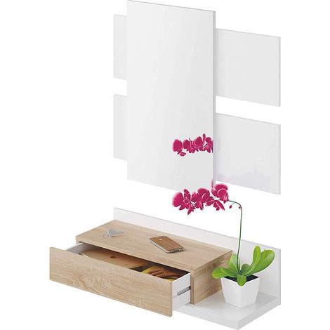 Meuble d'entrée étagère Suspendue avec tiroir et Miroir ameublement Meuble Salle 75 x 29 x 20 cm Blanc et chêne (1/5)