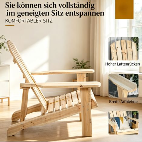 Fauteuil de jardin Adirondack en pin massif naturel avec dossier incliné et accoudoirs larges (1/5)